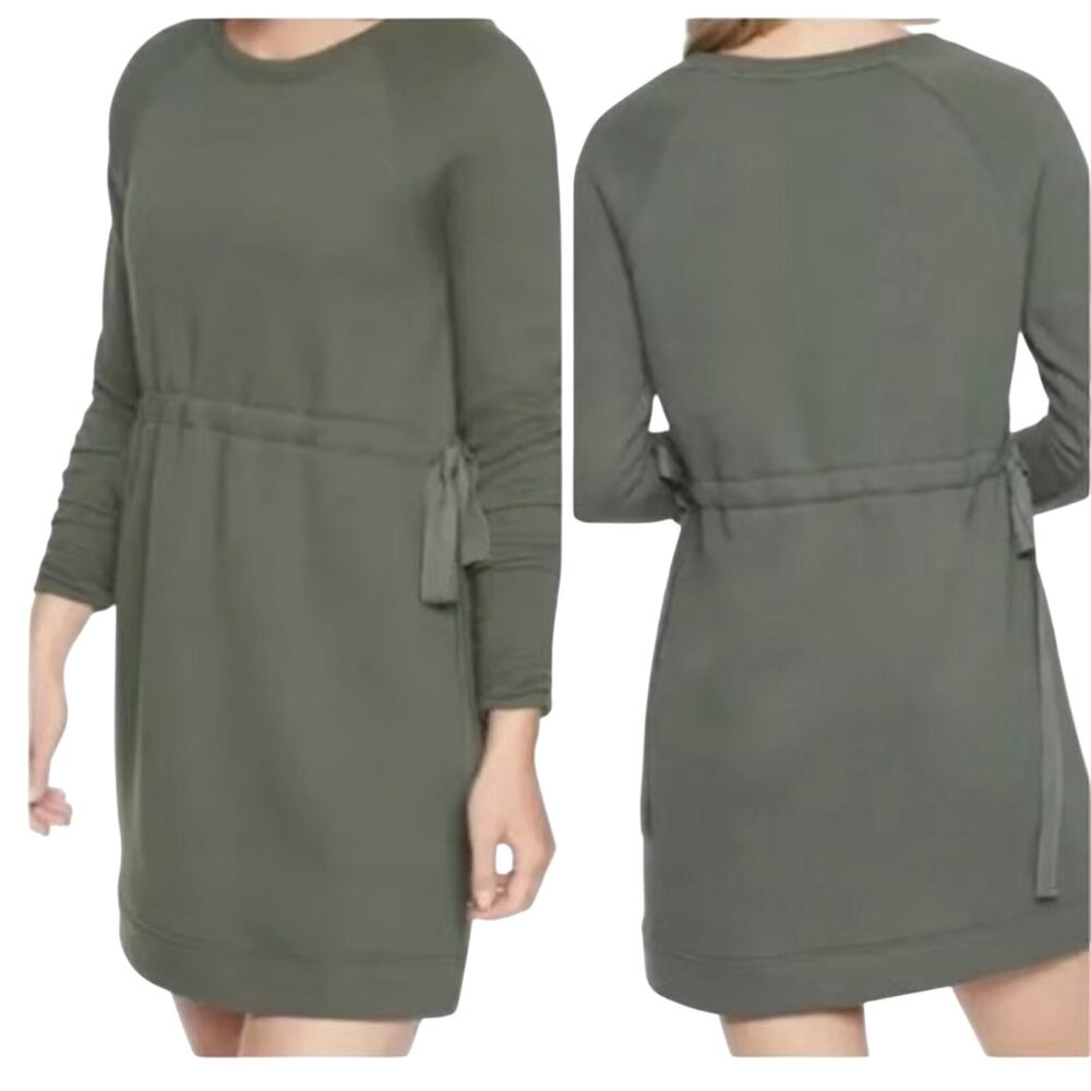 Athleta Studio Cinch Green Sweatshirt Dress Small Tie Waist Athleisure